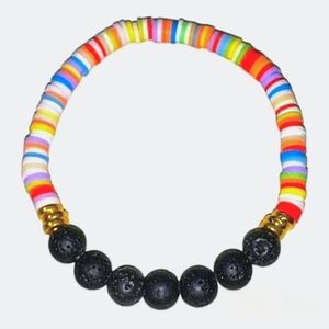 HANDMADE Black Lava Rock & Multicolor Heishi Beaded Unisex Stretch Bracelet